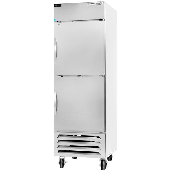 A Beverage-Air stainless steel 2-section reach-in refrigerator with half doors.