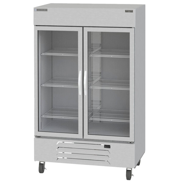 A Beverage-Air Horizon Series bottom mounted reach-in freezer with glass doors.