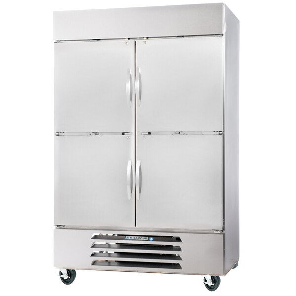 A silver Beverage-Air reach-in refrigerator with two doors.
