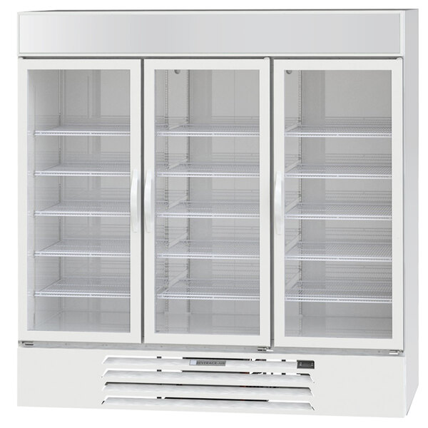 A white Beverage-Air MarketMax glass door freezer with shelves.
