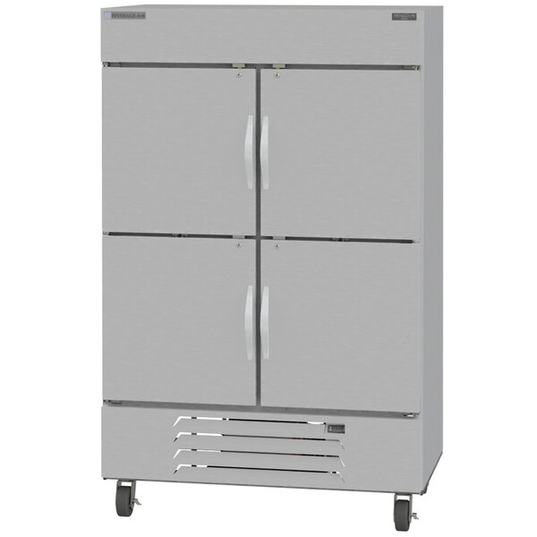 A white Beverage-Air reach-in refrigerator with white half doors.