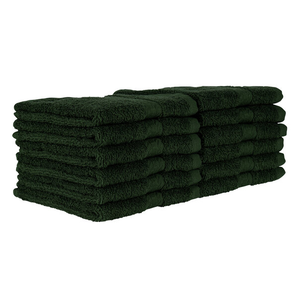A stack of Monarch Brands hunter green wash cloths.