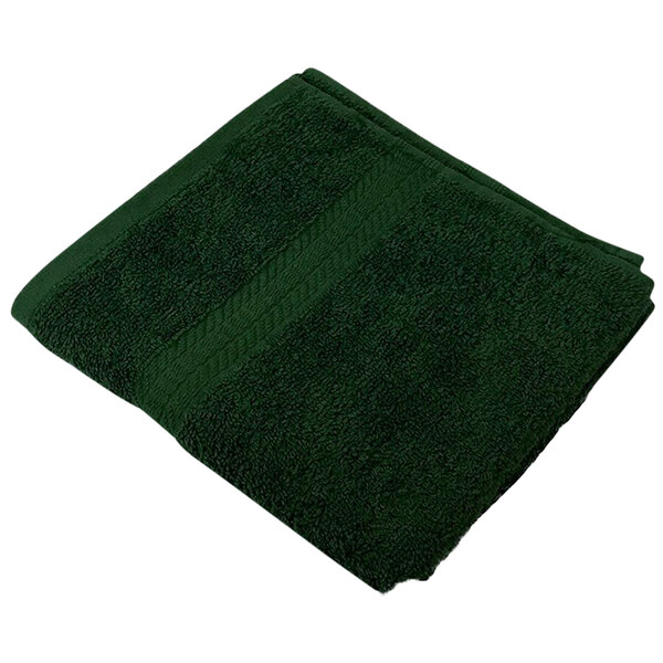 A folded hunter green Monarch Brands hand towel on a white background.