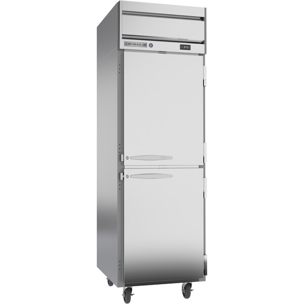 A stainless steel Beverage-Air reach-in refrigerator with half solid doors on wheels.