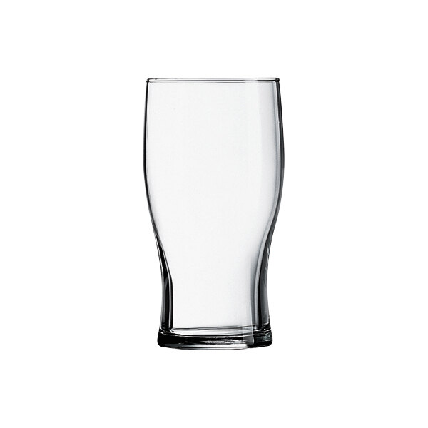 An Arcoroc tulip pub glass with a clear rim on a white background.