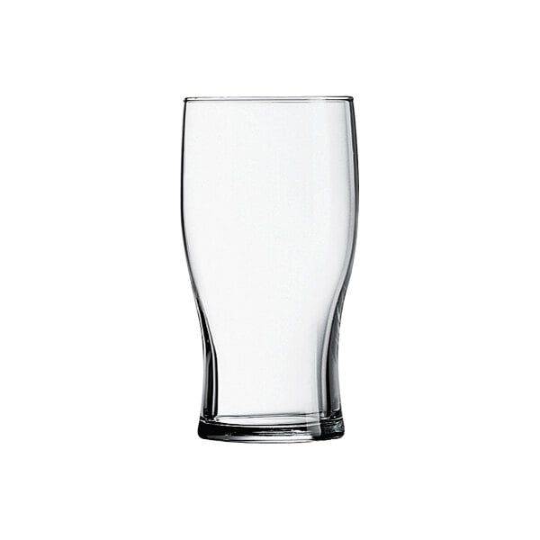 An Arcoroc tulip pub glass with a clear bottom on a white background.