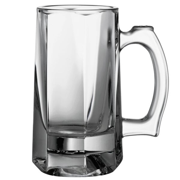 An Arcoroc clear glass beer mug with a handle.