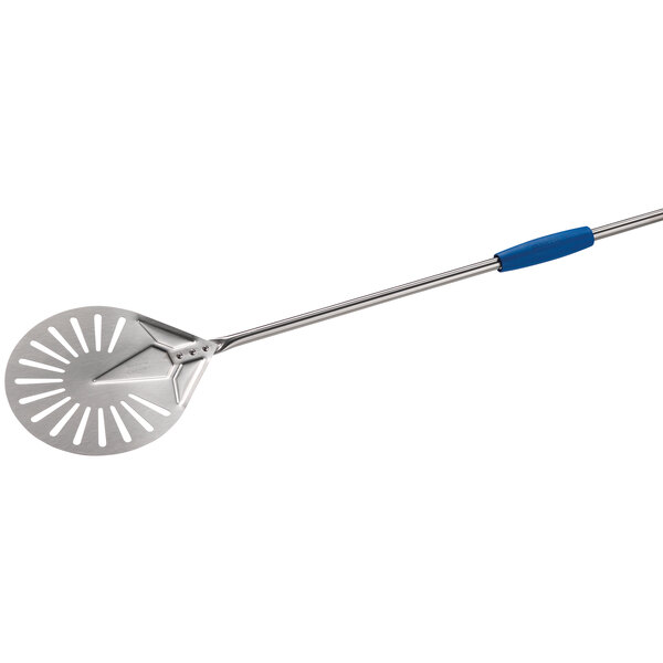 A silver stainless steel round perforated pizza peel with a long blue handle.