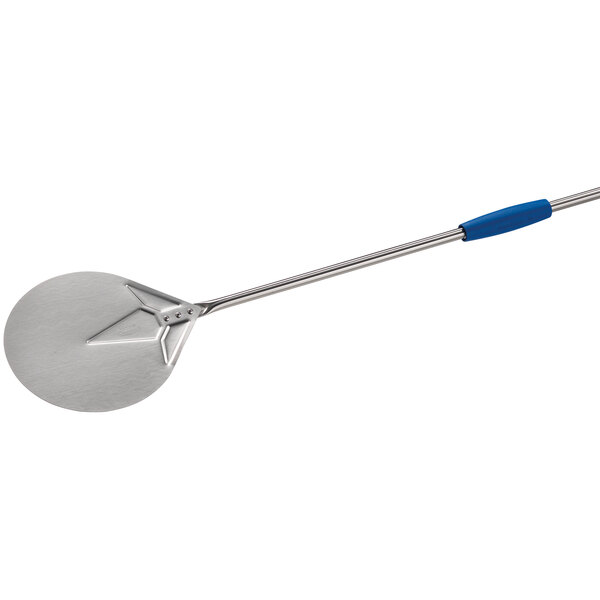 A silver metal pizza peel with a long handle.