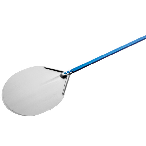 A silver round pizza peel with a blue handle.