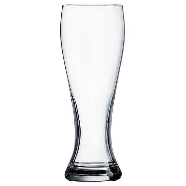 An Arcoroc Pub Pilsner Glass with a clear bottom and white rim.