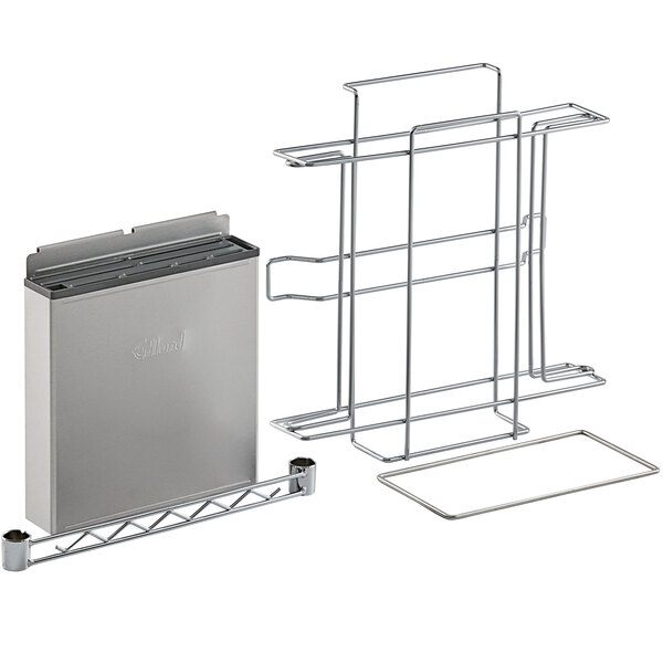 A silver metal rack holding a silver metal box and tray.