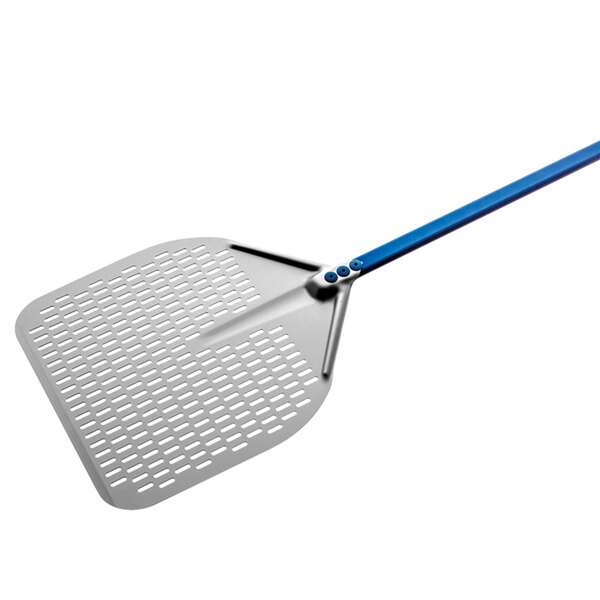 A silver and blue GI Metal square perforated pizza peel.