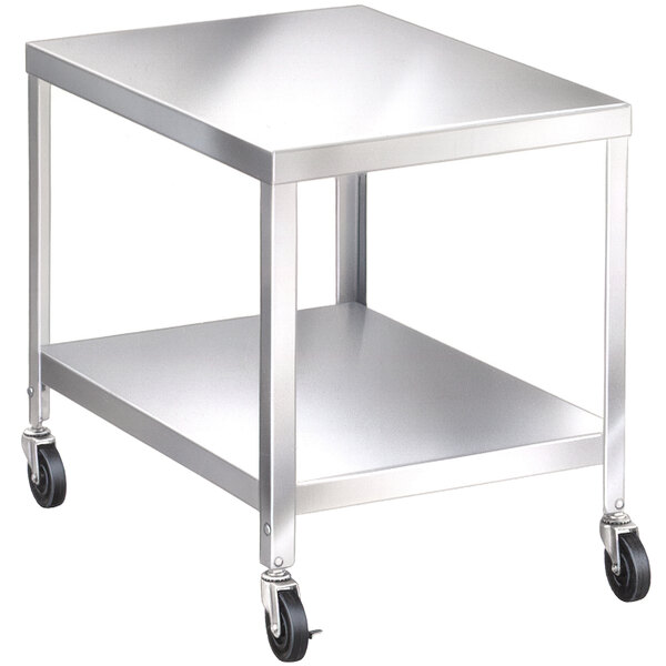 A silver Lakeside stainless steel mobile equipment stand with black wheels.