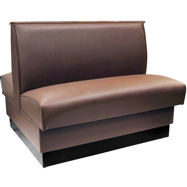 An American Tables & Seating mocha brown leather booth with wood top cap.
