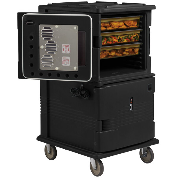 A black Cambro Ultra Camcart food holding cabinet with a door open.