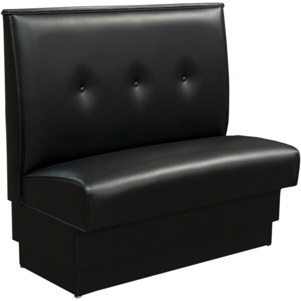 A black leather American Tables & Seating booth with buttoned back and seat.