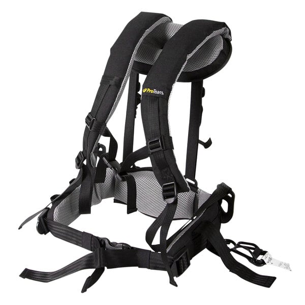 A black and grey ProTeam vacuum backpack harness with straps.