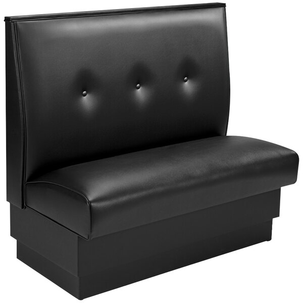 An American Tables & Seating Tsunami black leather booth with a buttoned back.