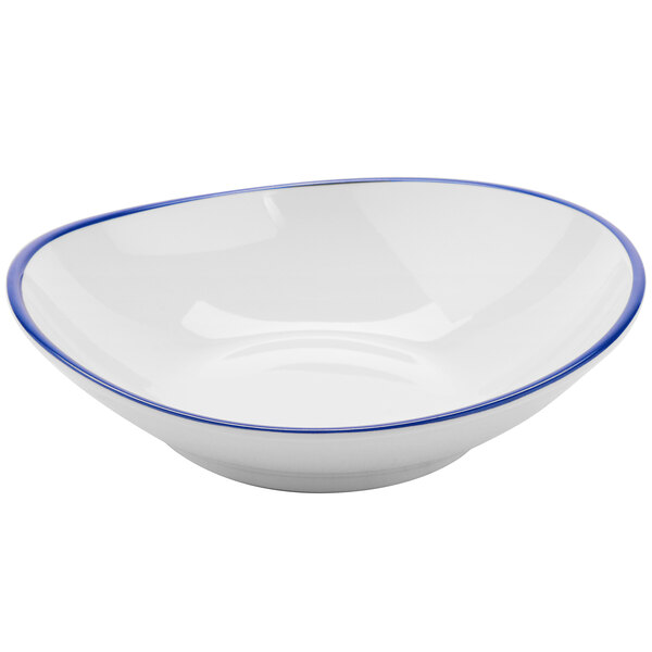 A white GET Settlement bistro bowl with a blue rim.
