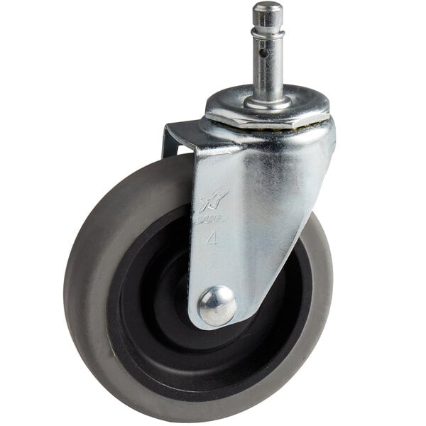 A Carlisle black and grey swivel stem caster with a metal wheel.