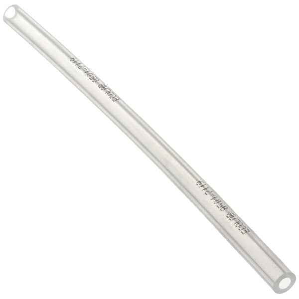 A clear plastic tube with writing on it.