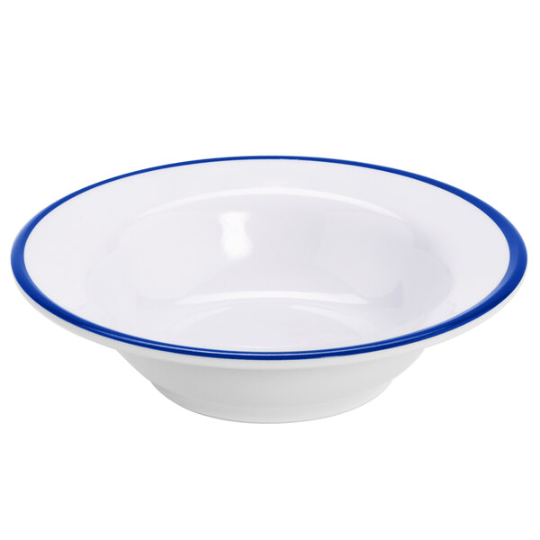 A white GET Settlement Bistro side dish with a blue rim.