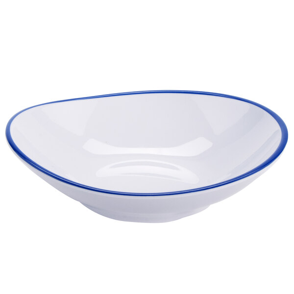 A white GET Settlement shallow bowl with a blue rim.
