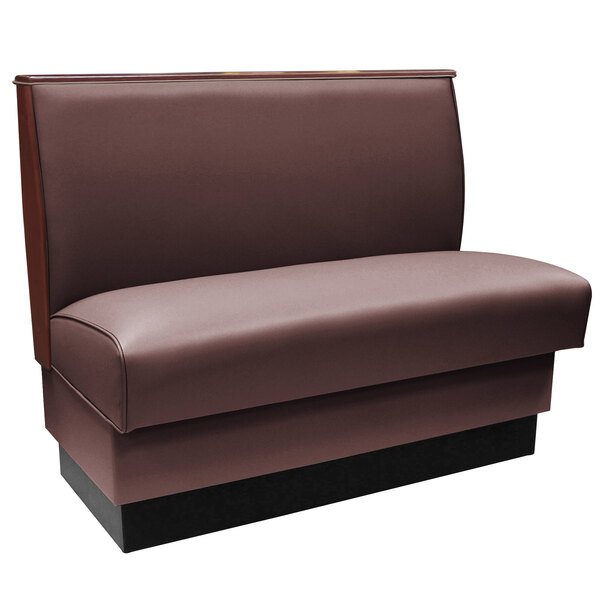 An American Tables & Seating mocha brown leather booth seat with wood end and top caps.