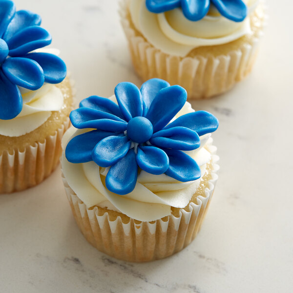 A cupcake with Satin Ice blue modeling chocolate flowers on top.