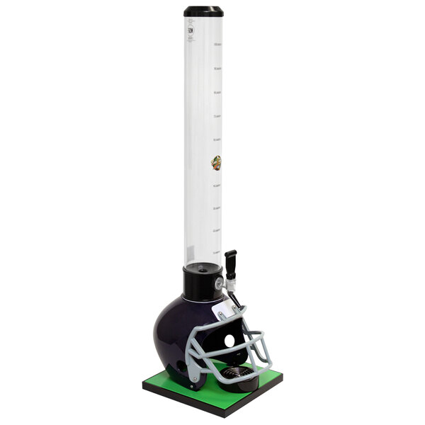 A blue football helmet shaped beer tower with a tall tube inside.