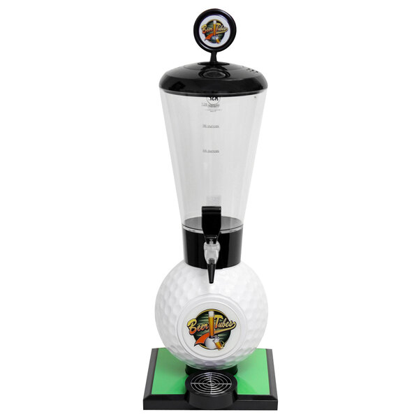 A clear plastic Beer Tubes golf ball drink dispenser with black and white golf ball accents.