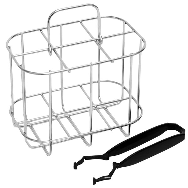 A metal basket with a black handle holding a Beer Tubes Chill Stick rack with black plastic tongs.
