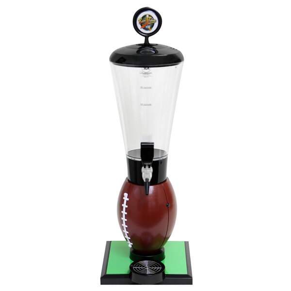 A Beer Tubes football-shaped drink dispenser with a glass container and a football on top.