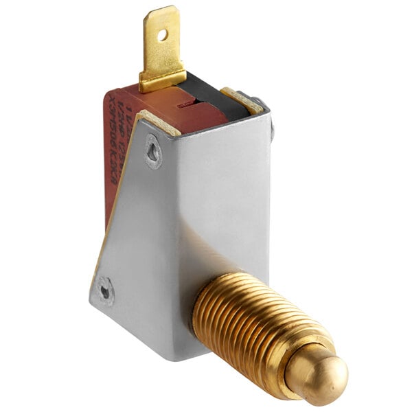 An Avantco microswitch with brass and gold metal parts.