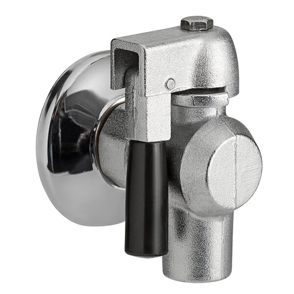 An Avantco drain faucet with a chrome knob and a black handle.
