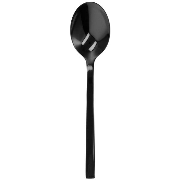A close-up of a Walco black stainless steel dessert spoon with a long handle.