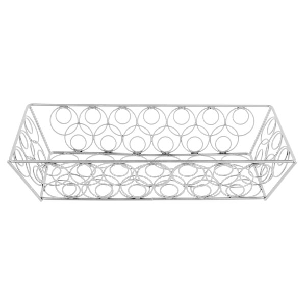 An American Metalcraft chrome rectangular basket with looped circles on the sides.