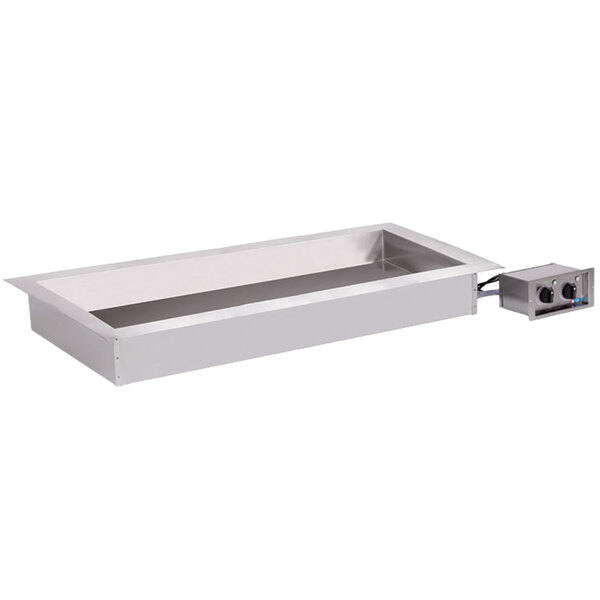 A rectangular stainless steel hot food well with a control box on a white rectangular object.