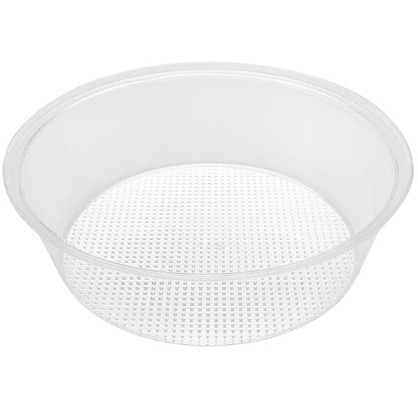 A clear acrylic round bowl with holes in it.