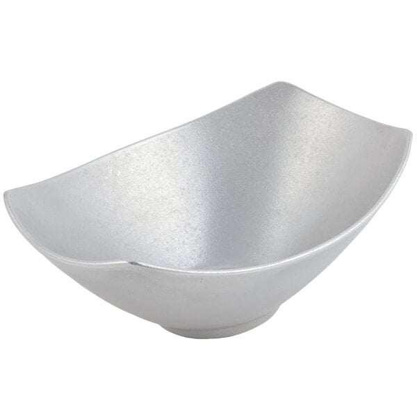 A Bon Chef pewter-glo bowl with a curved edge on a white background.