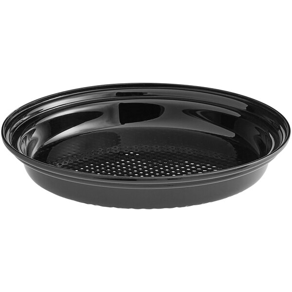 A black round Delfin acrylic tray with holes in the bottom.