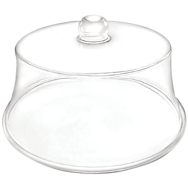 A clear acrylic dome cover over a plate with a clear glass cup inside.