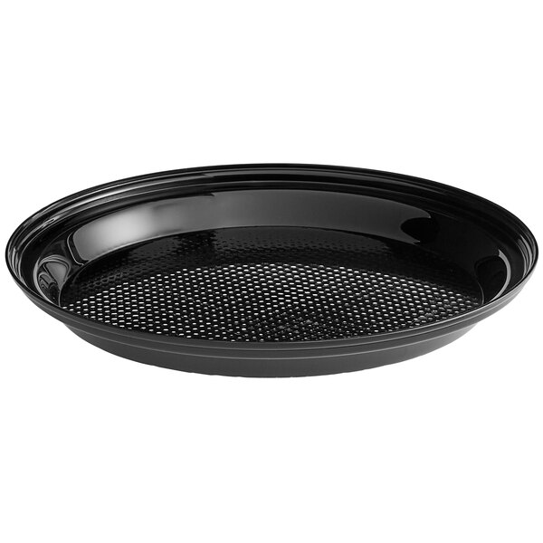 A black round Delfin acrylic tray with a perforated surface.