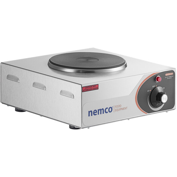 A Nemco electric countertop hot plate with a solid burner and a black top.