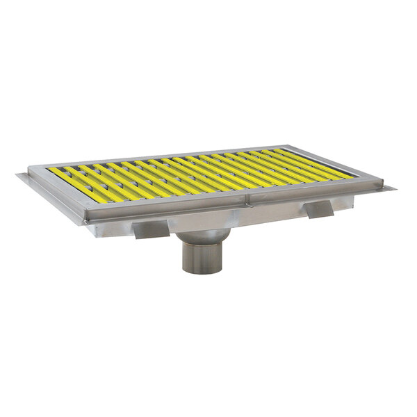 A stainless steel floor trough with yellow fiberglass grating with yellow stripes.