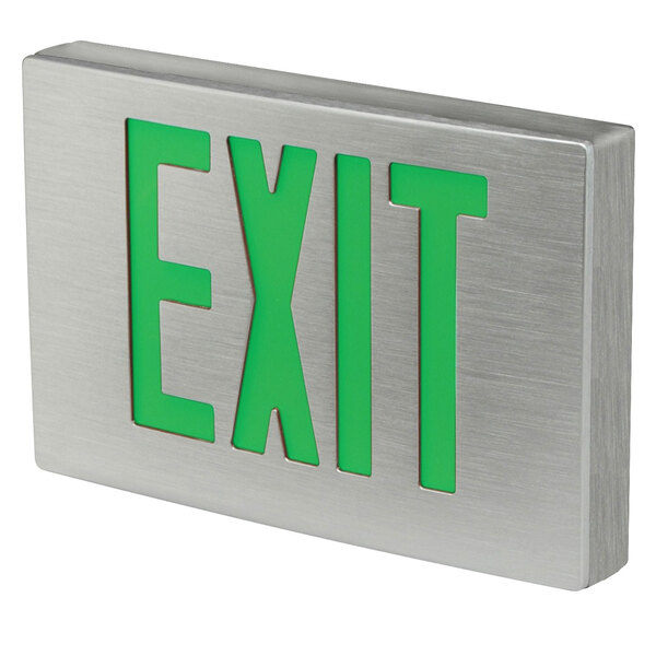 A Lavex green rectangular aluminum exit sign with green lettering on a white wall.