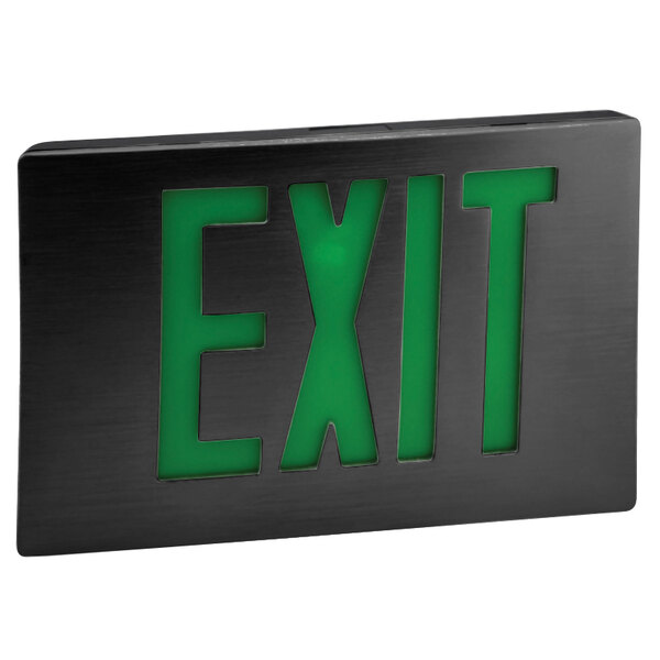 A black rectangular sign with green lit up text that reads "EXIT"