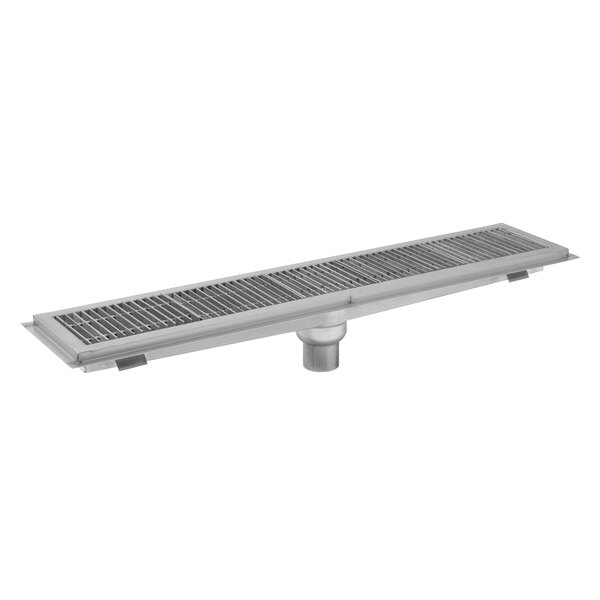 An Eagle Group stainless steel floor trough with stainless steel grating over a drain.
