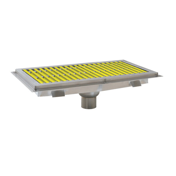 A metal rectangular floor trough with yellow fiberglass grating.